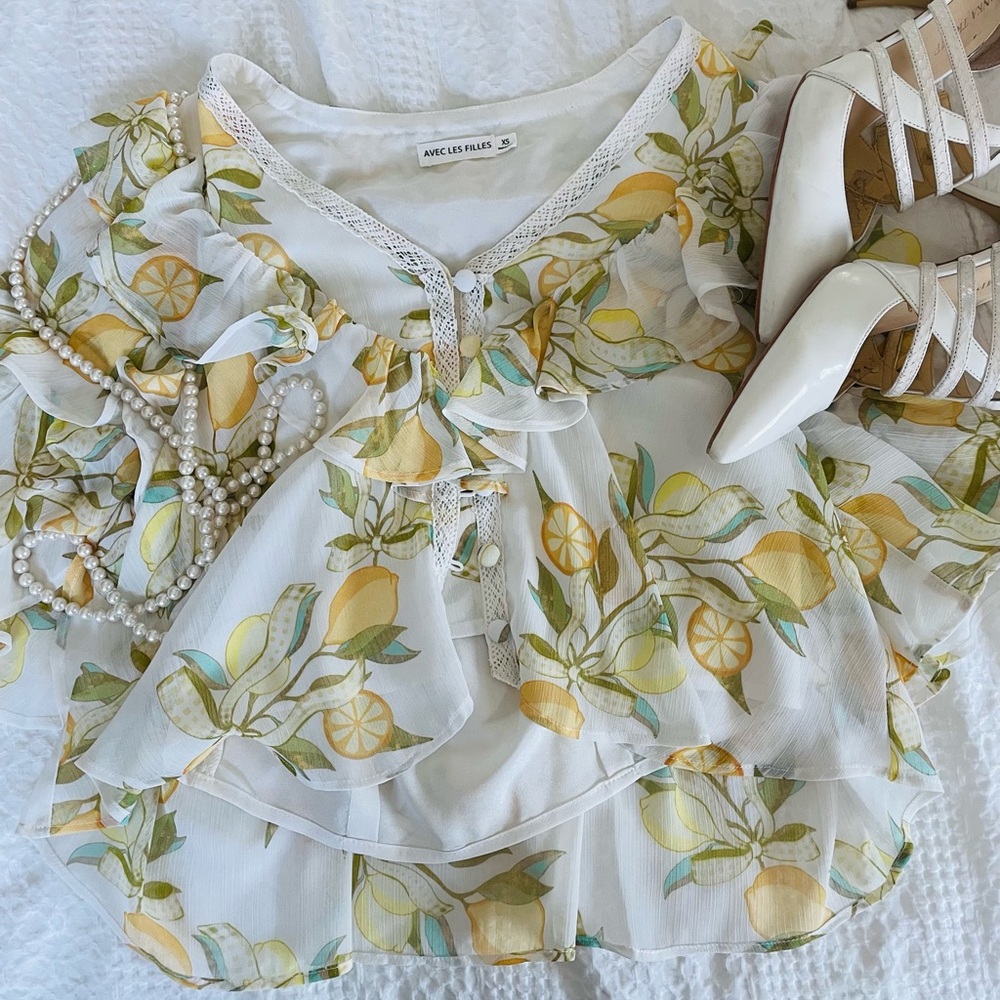 Avec Les Filles Citrus Delight Blouse - White and Yellow